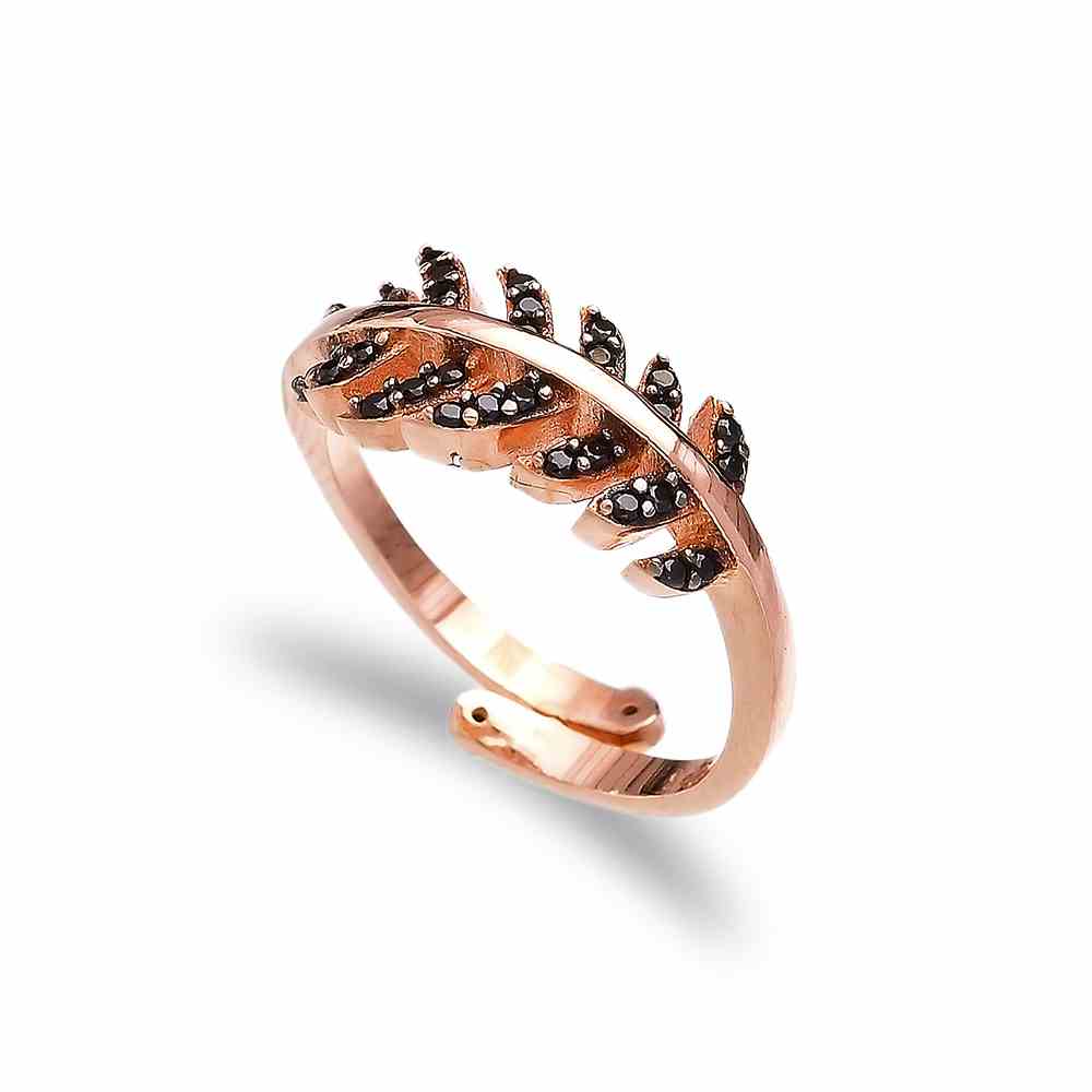 Black Zircon Leaf Design Adjustable Ring Turkish Handmade Wholesale 925 Sterling Silver Jewelry